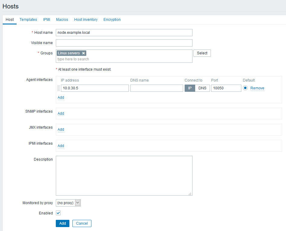 Configuring a Zabbix host